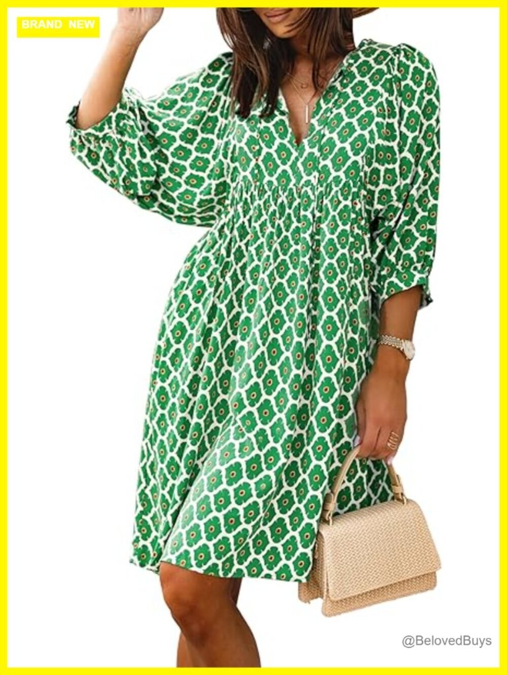Casual V Neck Floral Mini Dress with Puff Sleeves